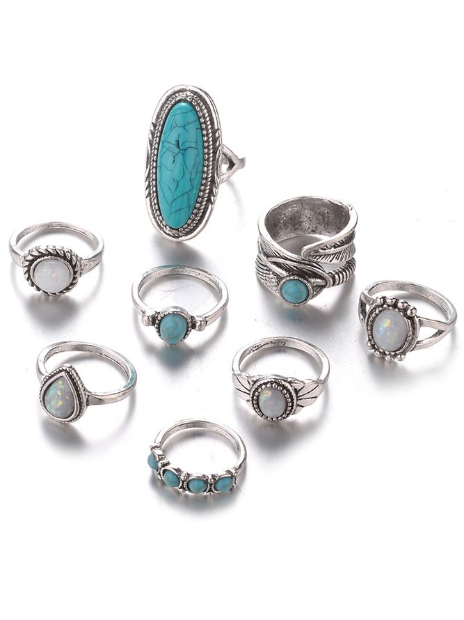 8PC Estilo Étnico Retro Hoja Turquesa Joya Anillos Traje