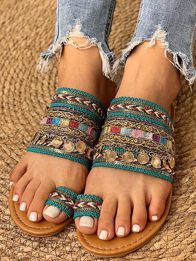 Tejido Étnico Patrón Lentejuelas Tanga Bohémico Pantuflas