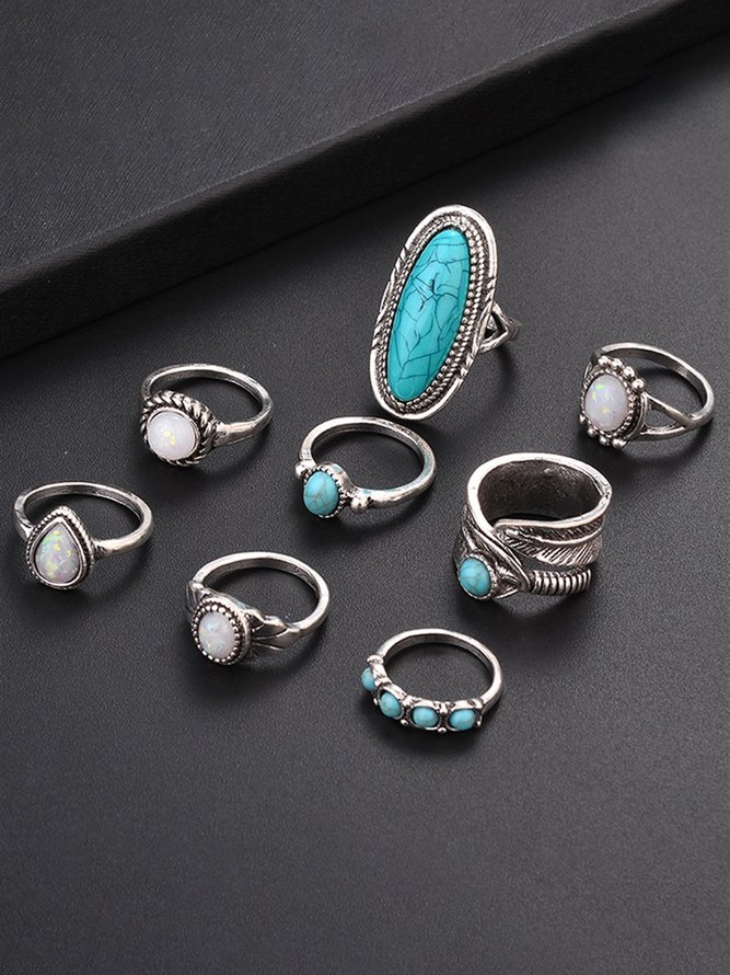 8PC Estilo Étnico Retro Hoja Turquesa Joya Anillos Traje