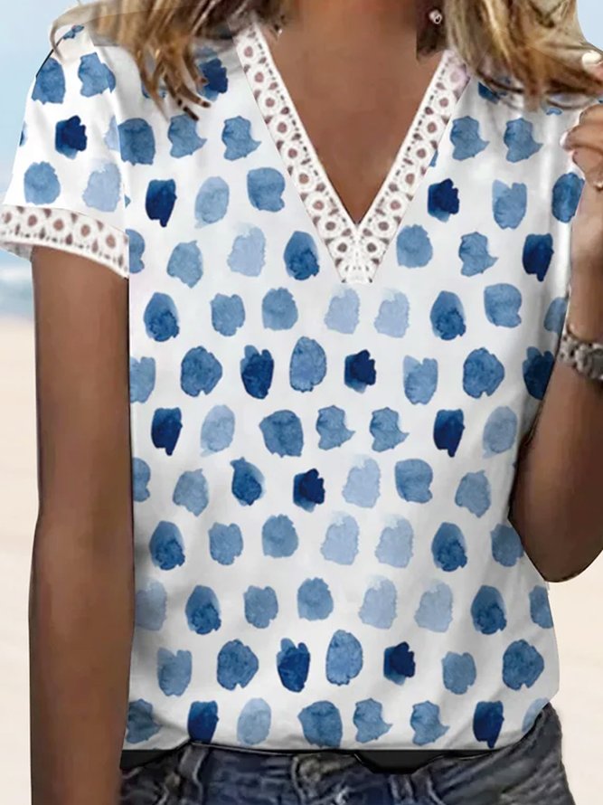 Geométrico Onda Punto Bloque De Color De Encaje Flojo Pulóver Camiseta Talla Grande
