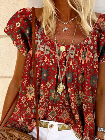 Retro Tribal Patrón Escote Redondo Retro Manga Corta Top