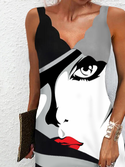 Abstracto Cara Estampado Ondulado Cuello Vestido Aflojar Sensual Sin Mangas Tejido Vestido