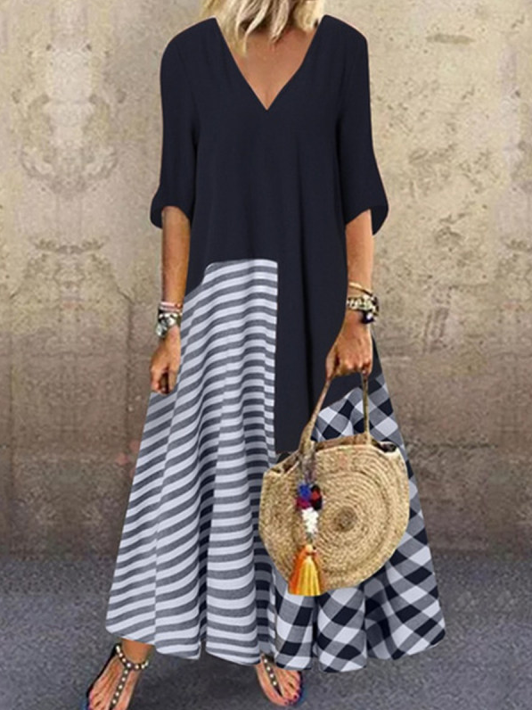 Verano Cuello Pico Manga Corta Guingán Maxi Vestido