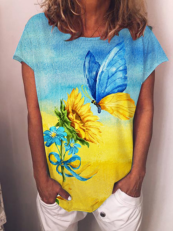 Mariposa Girasol Diseño Casual Manga Corta Camiseta