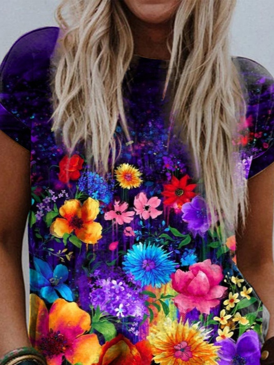 Vacación Cuello Redondo Floral Manga Corta Camiseta