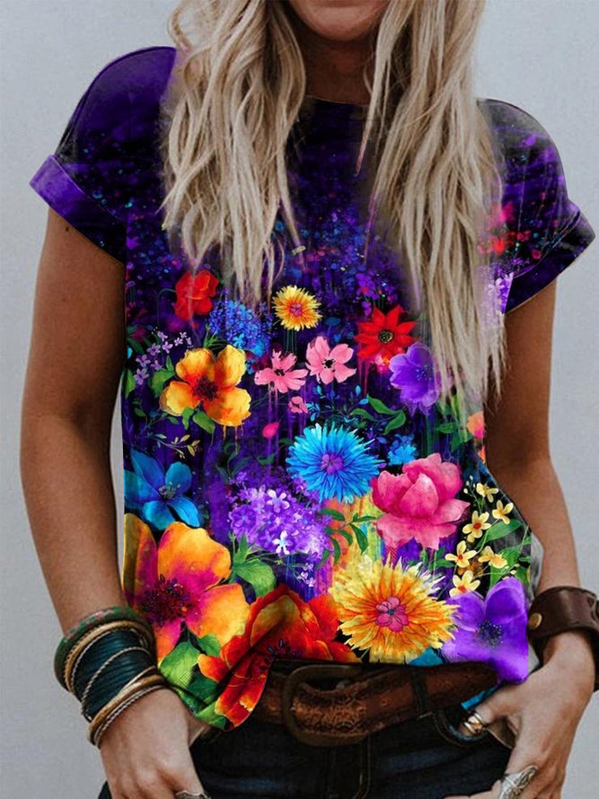 Vacación Cuello Redondo Floral Manga Corta Camiseta