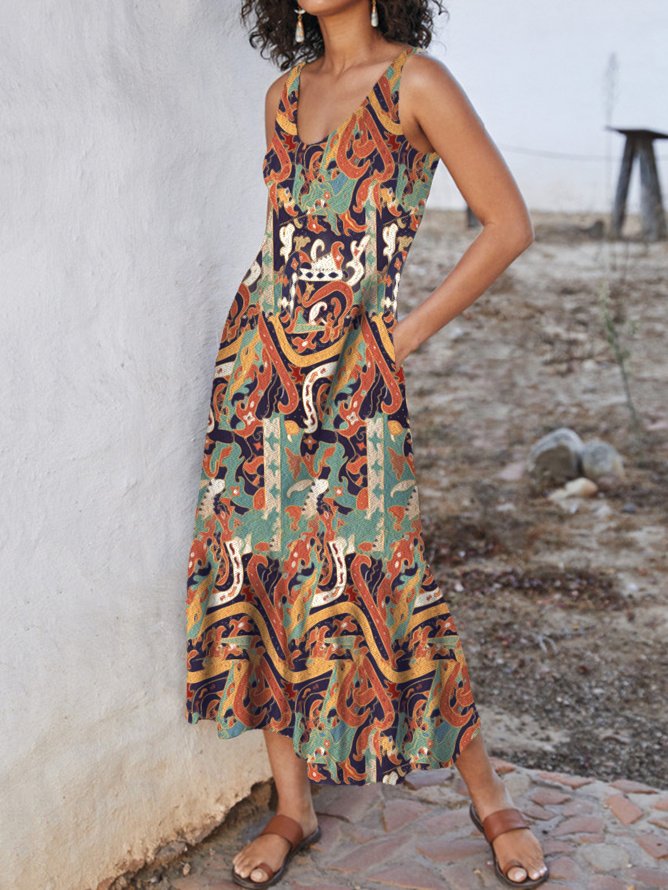 Tribal Estampado Escote Redondo Sin Mangas Tejido Vestido