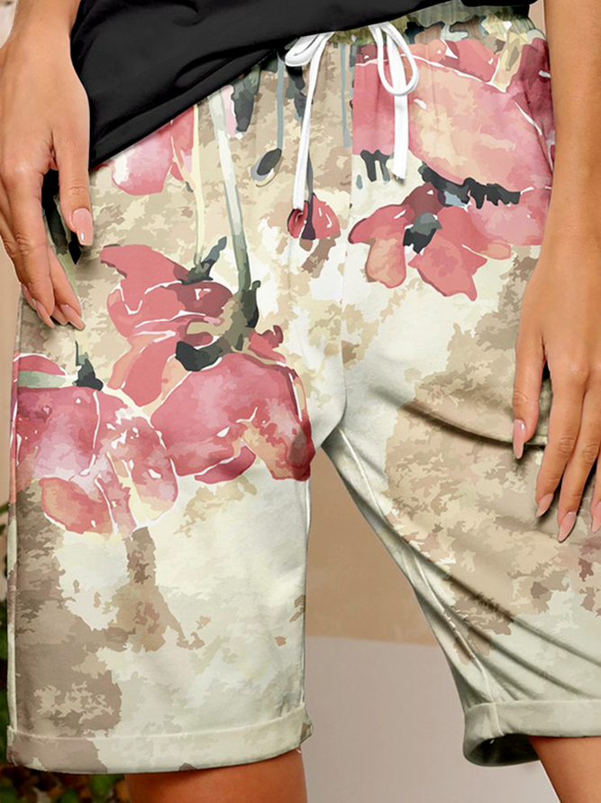 Ombré Estampado Floral Holgado Pierna Recta Longitud De La Rodilla Pantalones Aflojar Pantalones Cortos