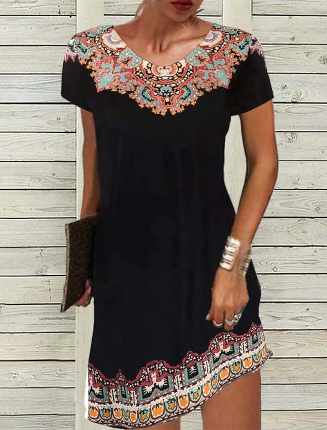 Bohémico Regular Ajuste Cuello Pico Manga Corta Tejer Vestido