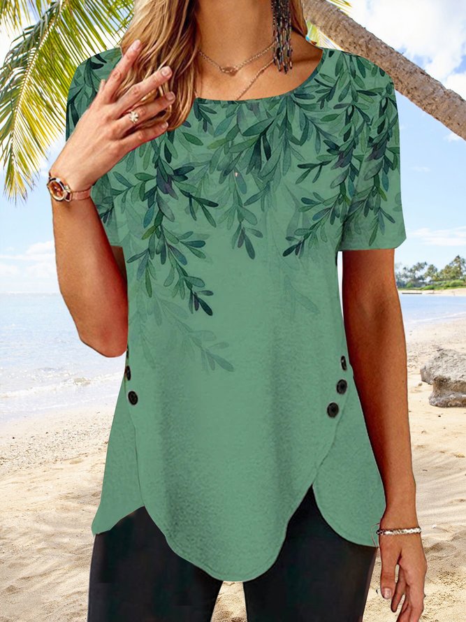Botón Irregular Dobladillo Gradiente Flor Top Camiseta Túnico Talla Grande