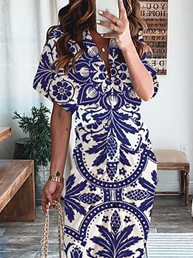 Tribal Estampado Manga Raglán Casual Cuello Pico Midi Vestido
