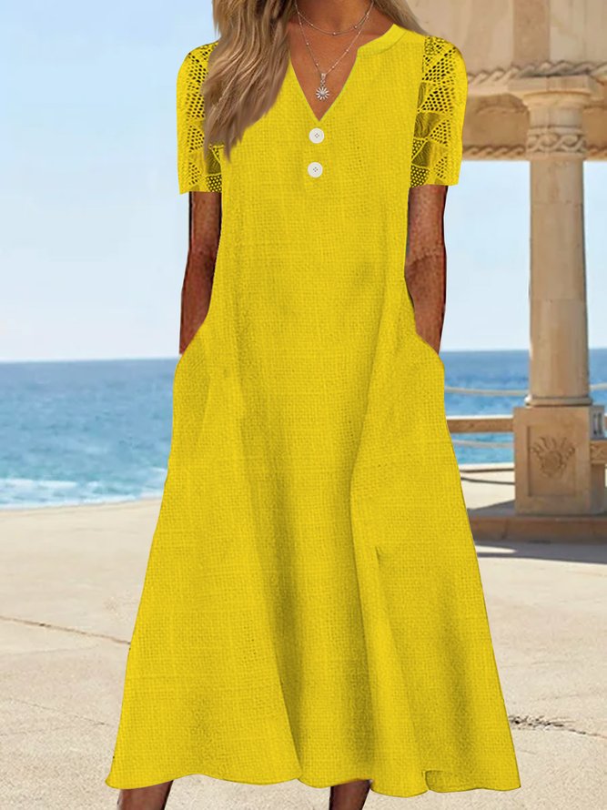 Básico Simple Clavo Hebilla De Encaje Espuma Algodón Bolsillo Vacaciones Vestido Largo Talla Grande