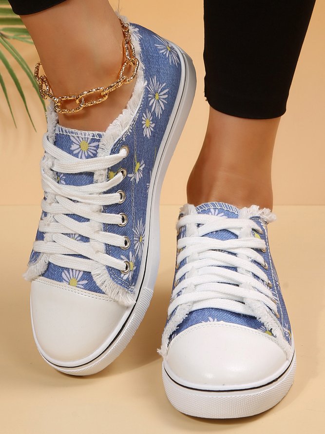 Margarita Impresión Gráfica Mezclilla Con Cordones Lona Zapatos Planos