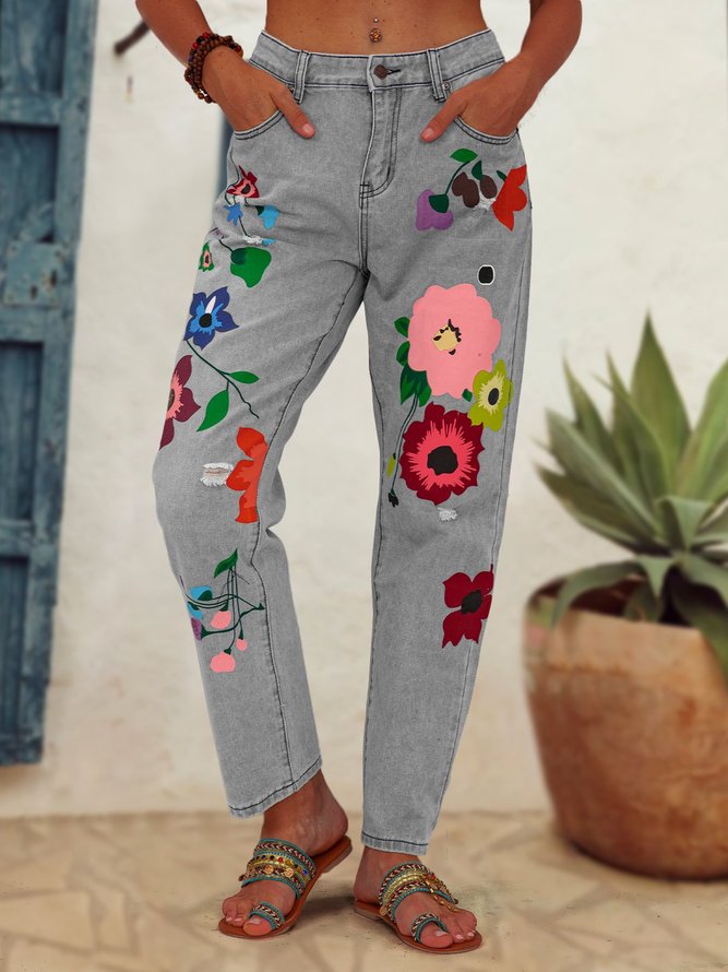 Todas Las Estaciones Mezclilla Floral Casual Pantalones Vaqueros