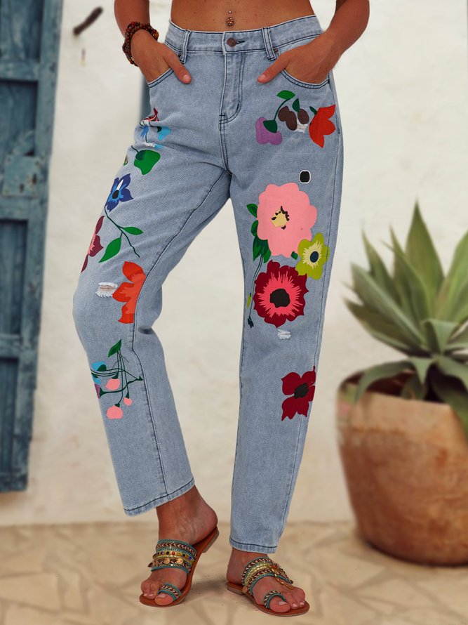 Todas Las Estaciones Mezclilla Floral Casual Pantalones Vaqueros