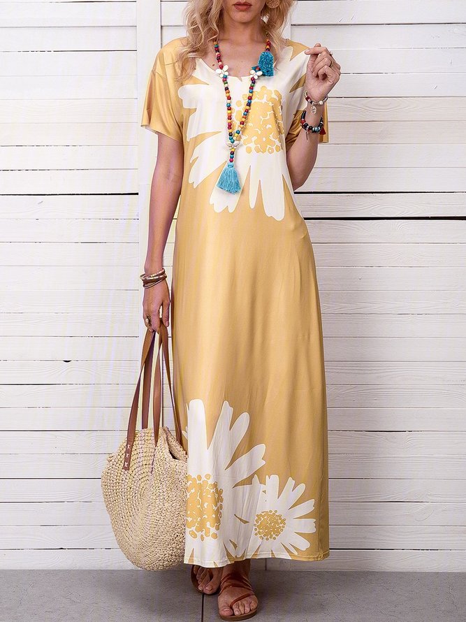 Casual Escote Redondo Manga Corta Margarita Estampado Maxi Vestido