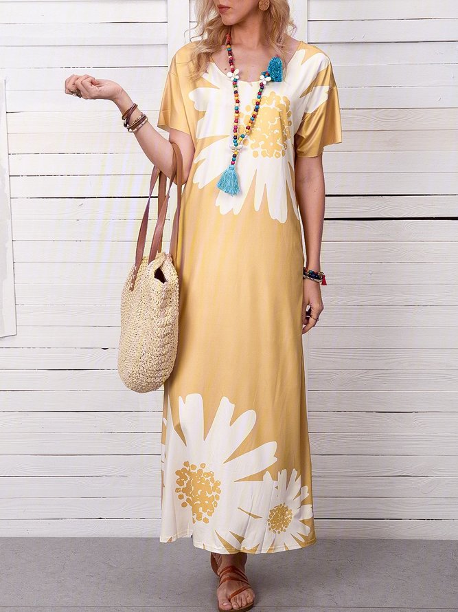 Casual Escote Redondo Manga Corta Margarita Estampado Maxi Vestido