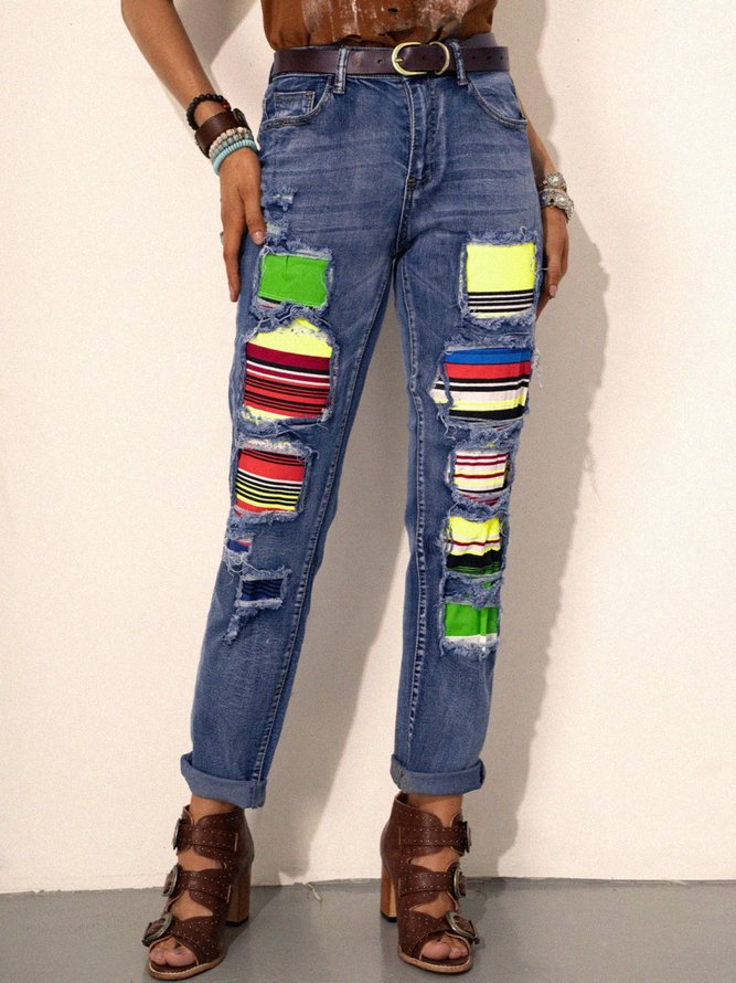 Pantalones Azul Bohémico Rayas Rasgado