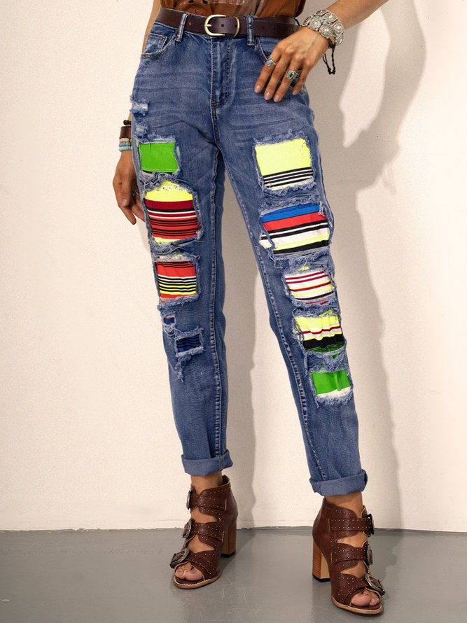 Pantalones Azul Bohémico Rayas Rasgado