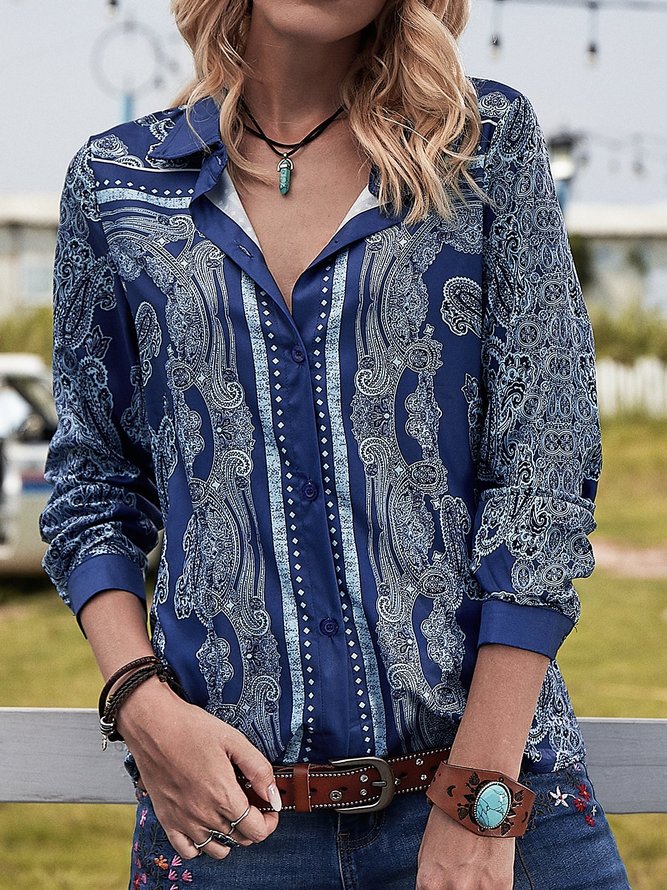 Estampado Retro Manga Larga Blusa