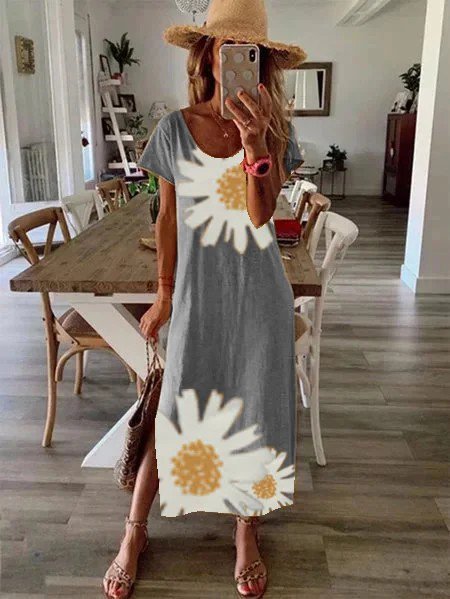 Casual Escote Redondo Manga Corta Margarita Estampado Maxi Vestido