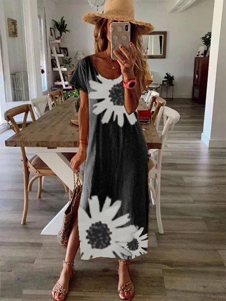 Casual Escote Redondo Manga Corta Margarita Estampado Maxi Vestido