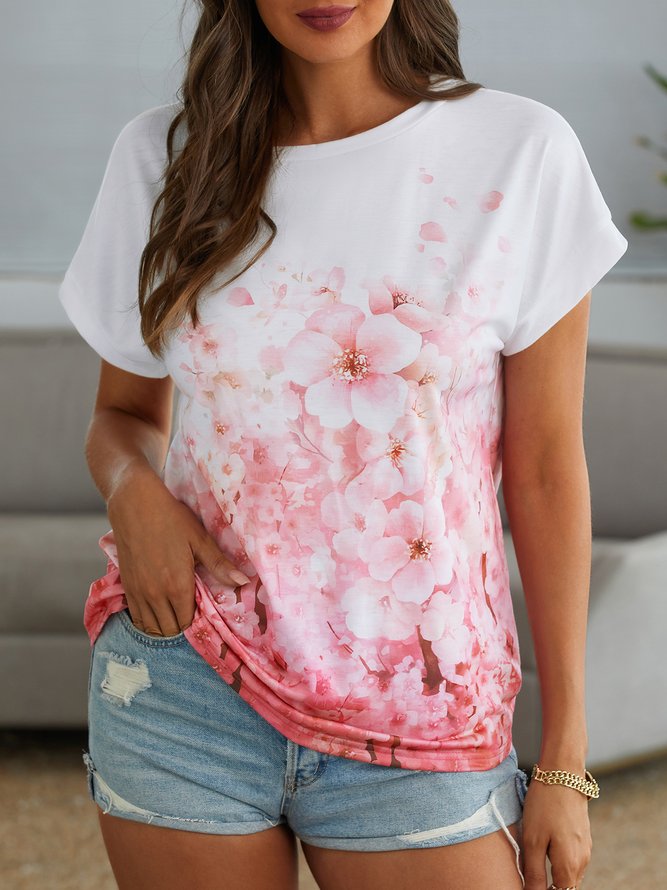 Floral Regular Ajuste Escote Redondo Algodón Mezclas Manga Corta Camiseta