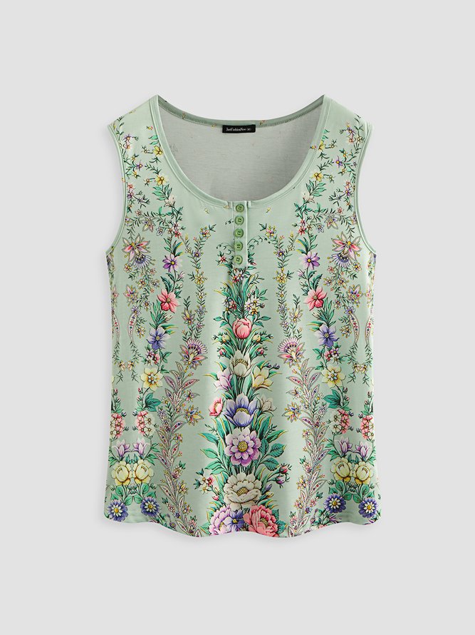 Botón Regular Ajuste Floral Camiseta Sin Mangas