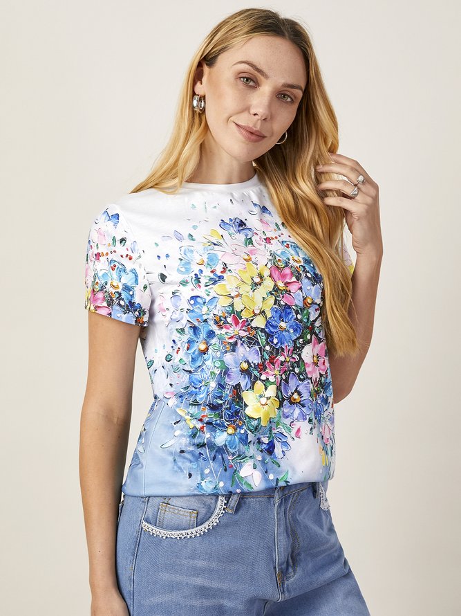 Floral Escote Redondo Algodón Mezclas Camiseta