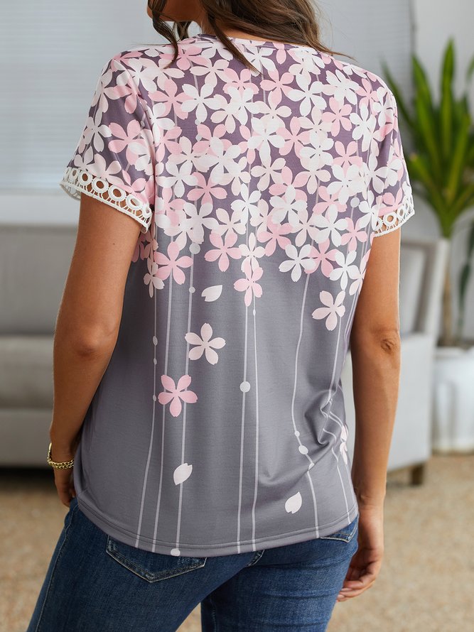 Vacación Cuello Pico Floral Manga Corta Camiseta