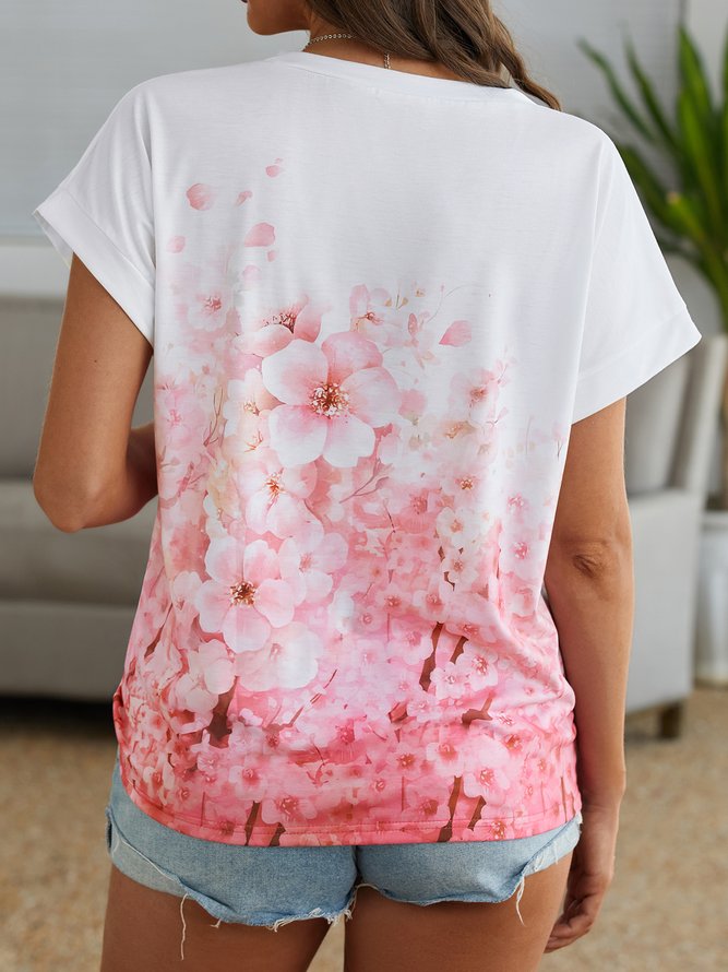 Floral Regular Ajuste Escote Redondo Algodón Mezclas Manga Corta Camiseta