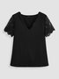 Negro Cuello Pico Casual Algodón Mezclas Manga Corta Camiseta