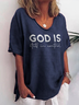 Cuello Pico Casual Letras Camiseta