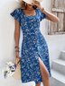 Elegante Regular Ajuste mangas con volantes Floral Cuello Cuadrado Vestido
